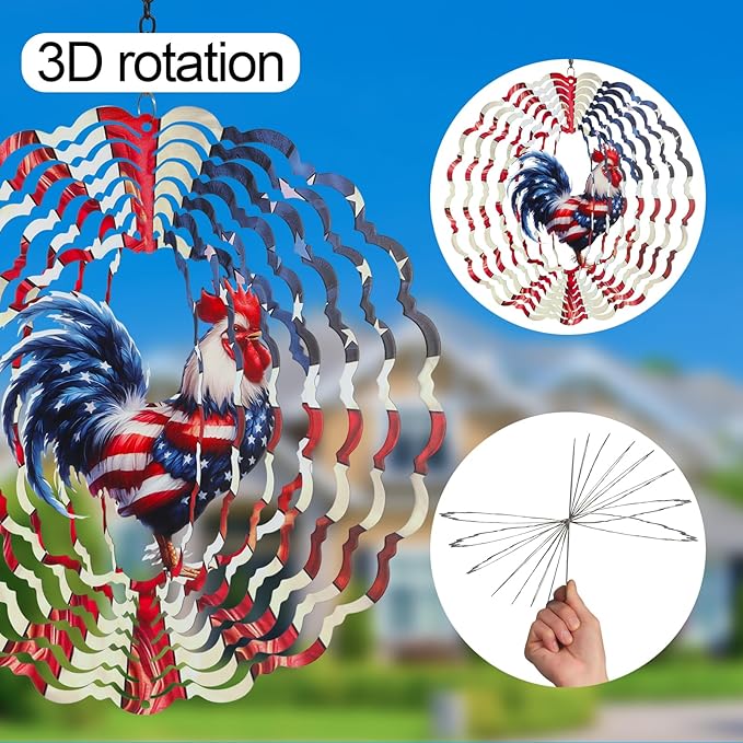 Rooster Metal Wind Spinners for Outdoor,Birthday Gifts for Women Mom Grandma, 12 Inch Garden Decor American Flag Wind Spinner Bird Devices Deterrent to Scare Birds Away from Yard Patio Farm(Chicken)