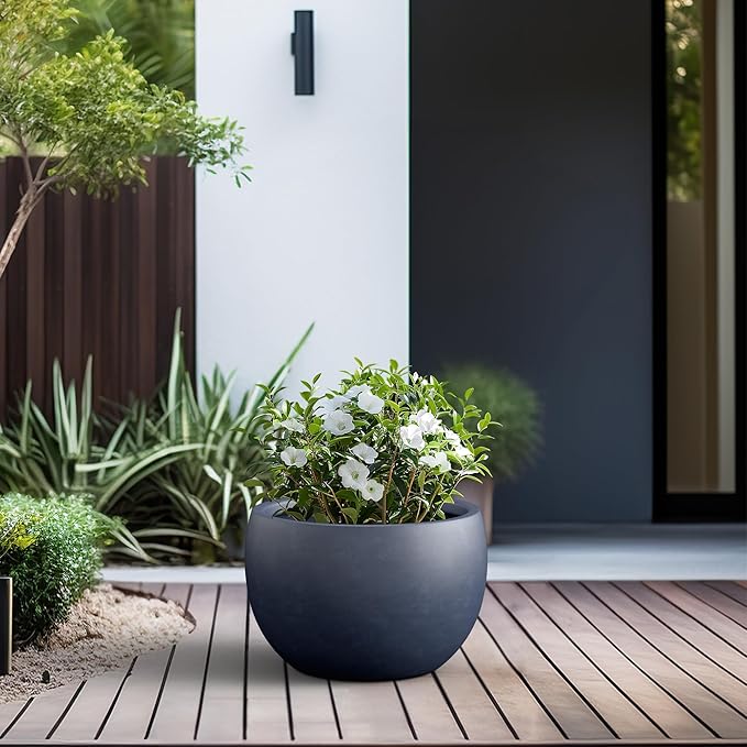 Kante 19.9" Dia Round Concrete Planter, Outdoor/Indoor Large Bowl Plant Pots with Drainage Hole and Rubber Plug for Garden Patio Balcony Home, Charcoal