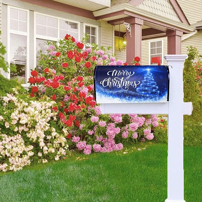 Mailbox Covers Merry Christmas Blue Snow Tree Magnetic Letter Post Box Cover Standard Size 21 x 18 Inch Garden Yard Home Decorative