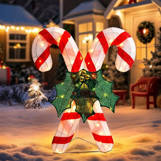 Lighted Christmas Candy Cane Decoration Outdoor Pre-lit 3D Crossed Candy Cane Glittered with LEDs Lighted Up Standing Ornament Outdoor Indoor Christmas Decoration for Home Lawn Yard Garden Display