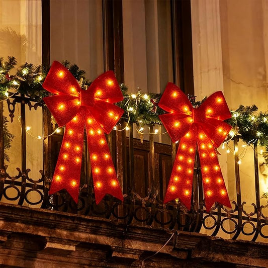 Christmas Bow Decorations Lighted Giant Christmas Bows Decoration 24 Inch Red Xmas Bows with LED Lights Xmas Tree Decorations Wreath Yard Décor Light for Indoor Outdoor Decor (1)