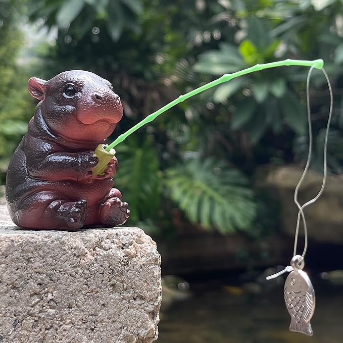 Hippopotamus Statue Garden Decor for Outside 2.4in,Interesting Hippopotamus Fishing Statue,Suitable for Easter, Indoor and Outdoor Decoration