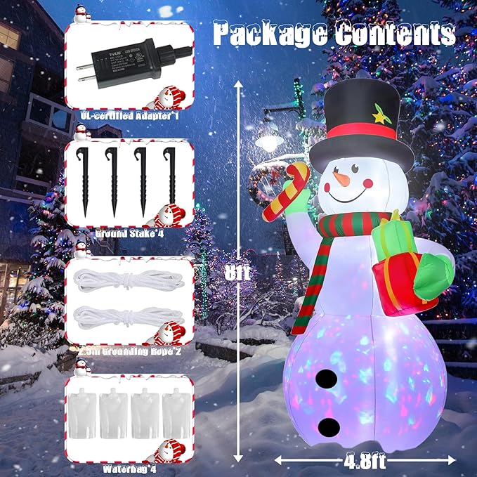 8 FT Christmas Inflatable Decoration Snowman with Built-in Rotating Colorful LED Blow Up Christmas Snow Man for Yard Supplies Giant Xmas Party Decor Holiday Décor for Outdoor Garden Lawn