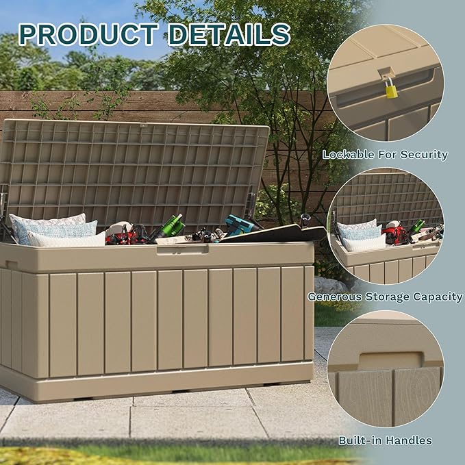 Patiolife 85 Gallon Resin Deck Box, Wood Like Outdoor Storage Box for Garden Tools, Pool Supplies, Waterproof and Lockable, Light Brown