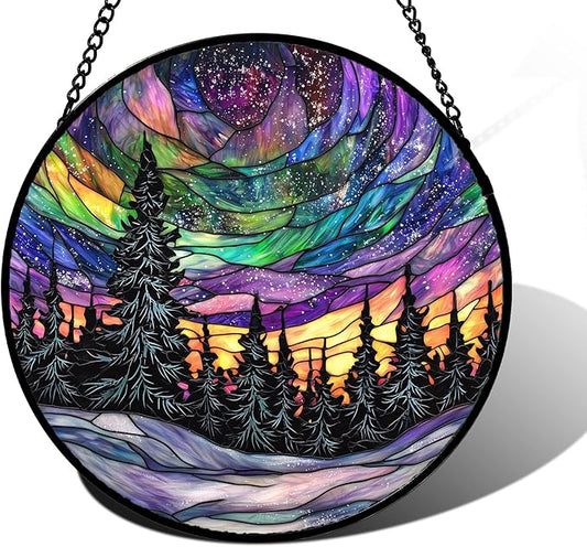 Stained Glass Window Hanging, Van Gogh Night Scene Sun Catchers Colorful Glass Panel Starry Sky Suncatcher Decor for Birthday for Women, Men, Wife, Aunt, and Mom 7.8 in