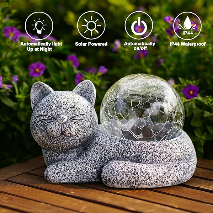Goodeco Cat Statue with Solar LED Lights - Smile Garden Enthusiasts Outdoor Decor - Ideal Gifts for Mom, Birthdays & Cat Lovers