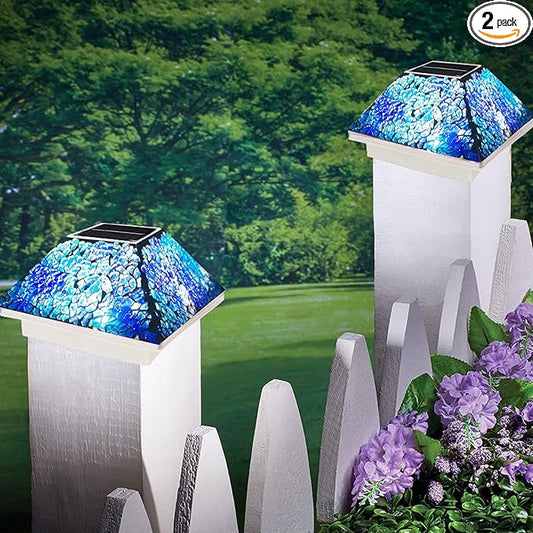 SUNNYPARK 2PK Mosaic Solar Post Cap Lights Outdoor for 4x4, 3.5x3.5 Post Crackled Glass Deck Fence Lamp Weatherproof LED Light Decor in Garden, Yard, Outdoor Table, Balcony, Landscape- Cyan Blue