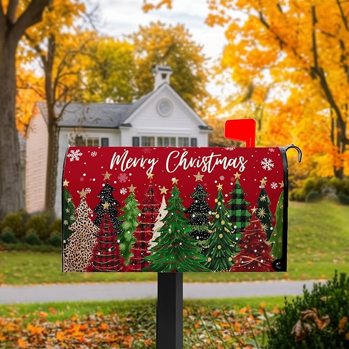 Merry Christmas Mail Box Covers Magnetic Standard Size 21x18 inch Xmas Tree Mailbox Cover Winter Snowflake Post Letter Box Cover for Outside Garden Yard