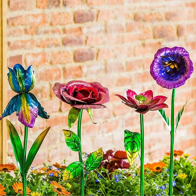 28.5" H Large Flower Stake Metal Decoration for Garden Set of 4, Plant Pick Art Ornaments Waterproof Stake for Lawn Porch Pathway Patio Flower Bed, Yard Outdoor Ornaments(Red & Purple & Blue)