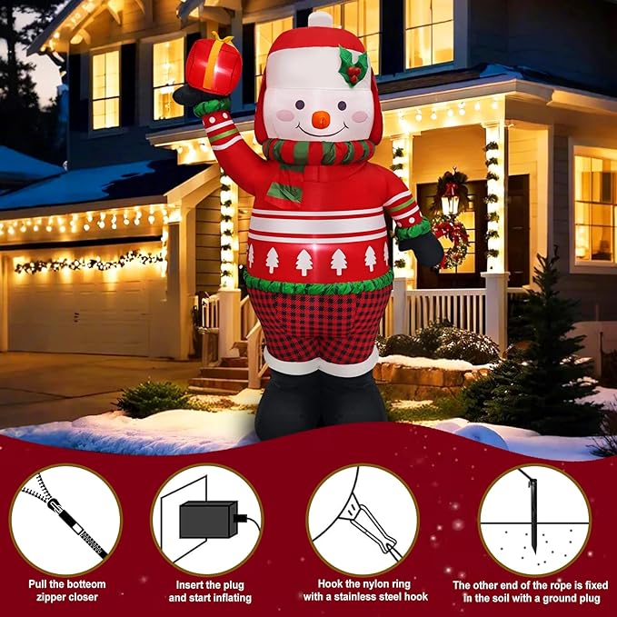 6FT Christmas Inflatable Snowman Decoration Blow Up Snow Man with Red Sweater & Presents Holiday Yard Decor Perfect for Outdoor Winter Lawn, Garden, or Porch Display Outside Décor