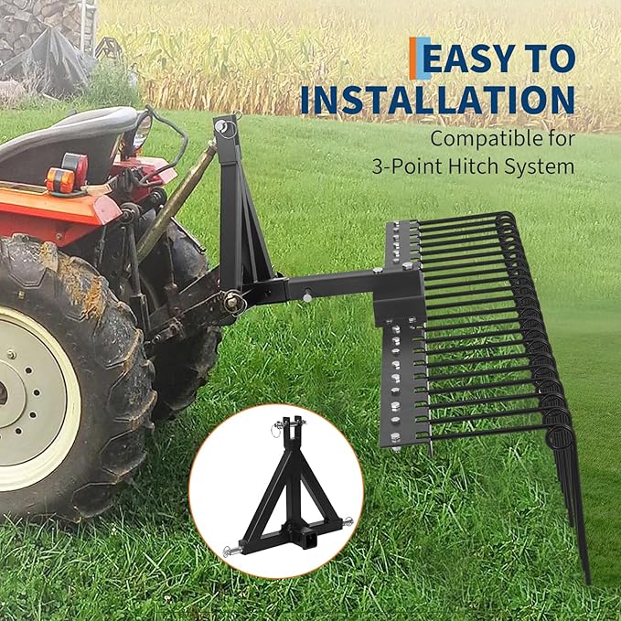 Pine Straw Rake, 48 Inch Landscape Rake for 2" Receiver, Fits Lawn Tractors & ATV/UTV | Heavy-Duty Powder Coated Steel Construction | Yellow