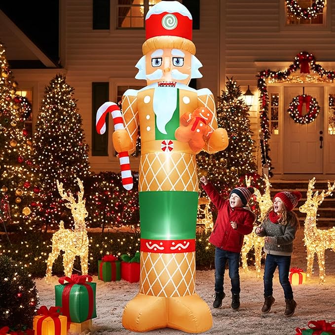 8 FT Christmas Inflatables Outdoor Decorations Nutcracker with Little Gingerbread Man Hold Candy Cane Blow Up Yard Decoration with Built-in LEDs for Xmas Holiday Outside Garden Lawn Yard Decor