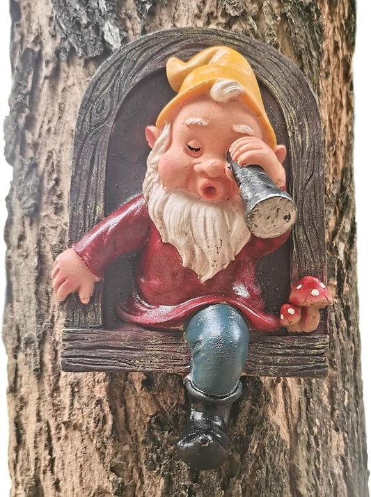 Garden Gnome Open The Door Garden Decor Resin Tree Faces Decor Outdoor Fairy Garden Patio Lawn Porch (Red Telescope)