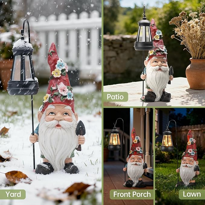 Outdoor Garden Gnome Statue with Solar Light – Outdoor Resin Decor Weatherproof Yard Lawn Ornament with LED Lantern Light Figurine for Patio, Porch, Landscape Housewarming
