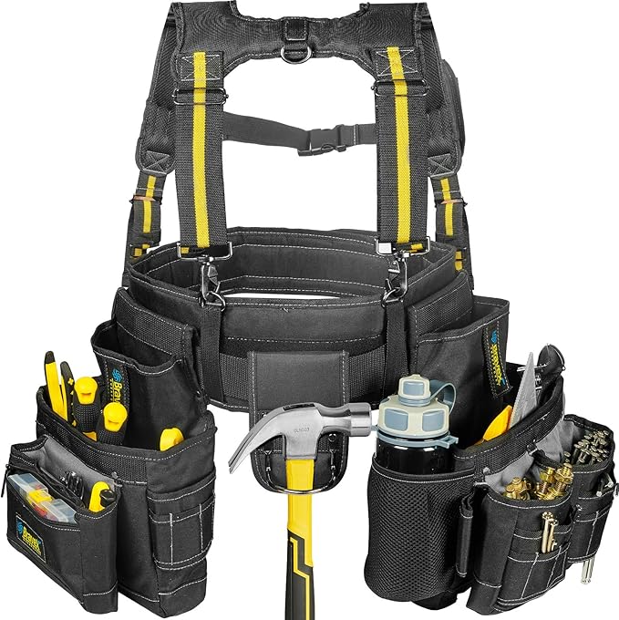 Tool Belt Suspenders Tool Vest Ultra Anti-Wear Tool Belt 20-Pocket Pro Framer's Combo Apron Tool Belt and Yoke-style Suspenders-1200D for Men
