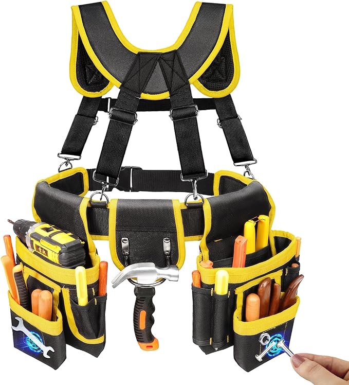 Tool Belt, Professional Tool Belts for Men, Magnetic Tool Pouch With Suspenders, Heavy Duty Detachable Adjustable Utility Belt Work Bags for Electrician, Carpenter (Black and Yellow, 32''-66'')