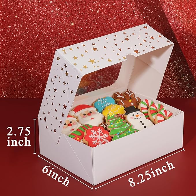 12pcs Cookie Boxes with Window, 8.25x6x2.75in White Treat Boxes with Window Gold Foil Star Bakery Cake Boxes for Christmas Gift Giving Pastry Dessert Cupcakes Candy Donut Packaging