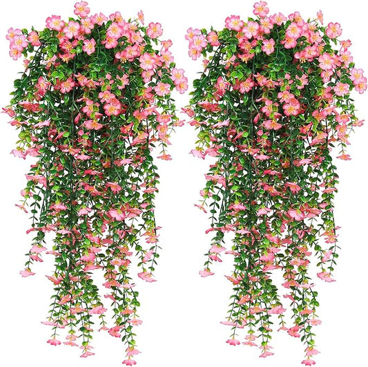 RECUTMS Artificial Hanging Flowers for Outdoors 4Pcs Faux Silk Daisy Plant with Eucalyptus Leaves UV Resistant Fake Flower Look Real for Home Garden Porch Patio Door (Pink)