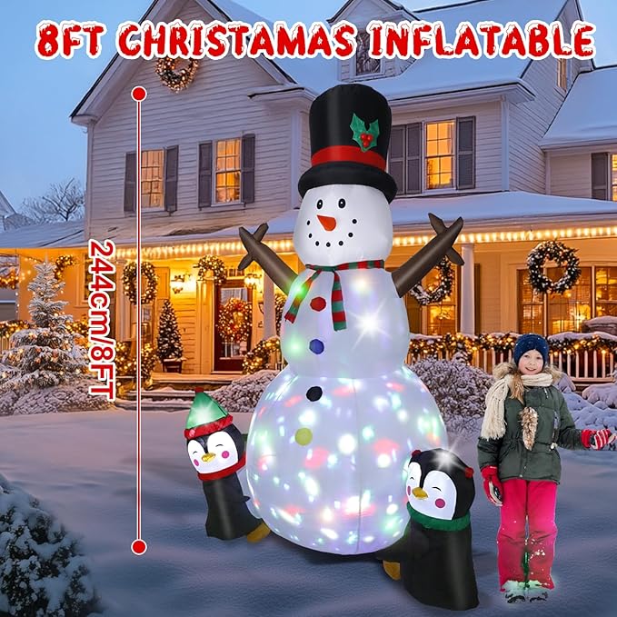 8FT Christmas Inflatable Snowman Outdoor Decorations, Christmas Blow up Snowman with Two Penguins Decoration, Built-in Colorful Rotating Lights for Holiday Xmas Party Lawn Yard Garden