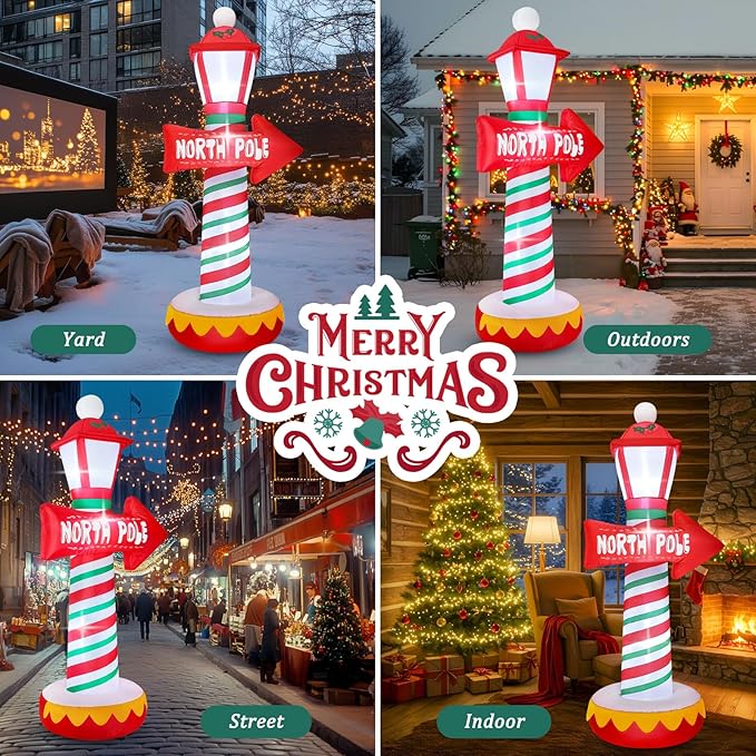 FunFanso 6FT Christmas Inflatables North Pole Road Sign Outdoor Decoration, Blow Up Street Lamp with Built-in LED Lights, Santa Claus Arctic Road Sign for Holiday Display Lawn Garden Yard Xmas Decor