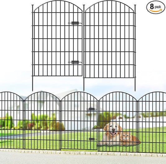 Metal Garden Fence with Gate 42in (H) x 18.7ft (L), 1 Gate+ 7 Panels Dog Fences Border Fence Animal Barrier, No Dig Garden Fencing for Yard Flower Bed Lawn Patio Outdoor, ECG4208G, Black