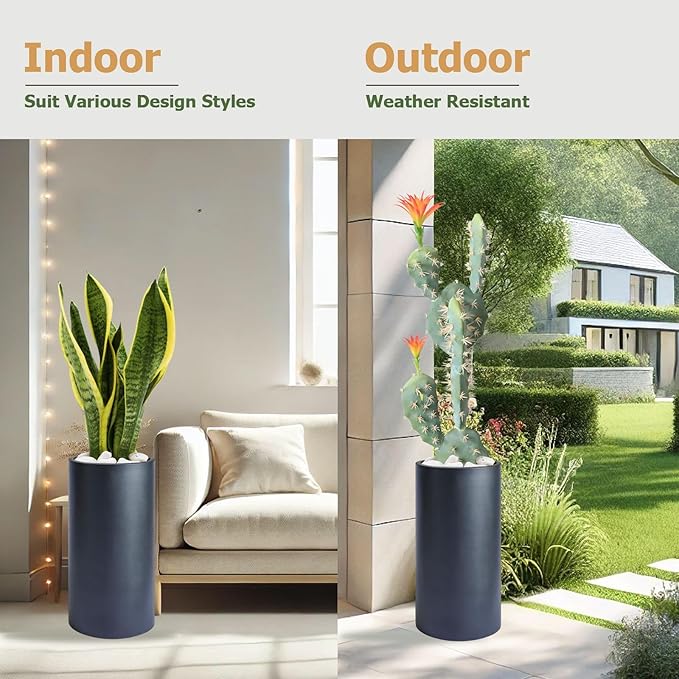 19.5"H x 9.8"D Tubo Fiberstone Cylinder Tall Planter, Christmas Tree Planter, Smooth Finishes, Weather Resistant for Indoor & Outdoor Use, Included 2 Extra Coco Mats (Black,8.2" Pot Opening)