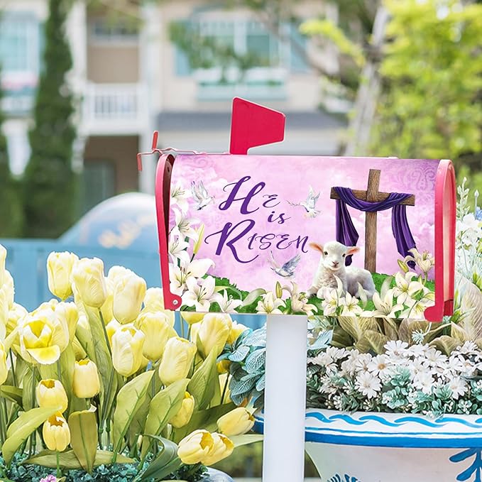 He is Risen Mailbox Cover Magnetic, Easter Cross Lamb Mailbox Wrap 25.5x21 Inch, Spring Lily Flowers Large Size Waterproof Letter Post Cover for Yard Garden Outdoor Outside Home Decor