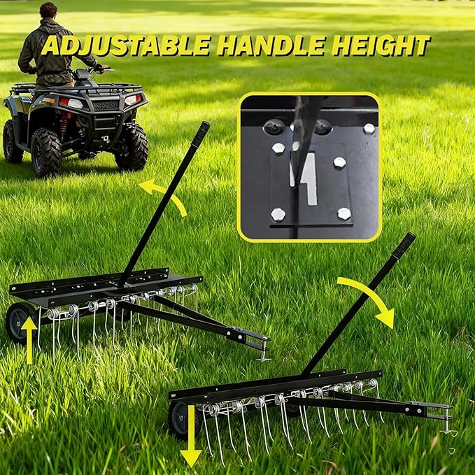 Tow Behind Dethatcher, 40-Inch Tow Lawn Dethatcher with 20 Spring Steel Tines, Lawn Dethatcher Rake Compatible with ATV & Mower, Tow Behind Lawn Rake with Lift Handle for Garden, Farm & Grass