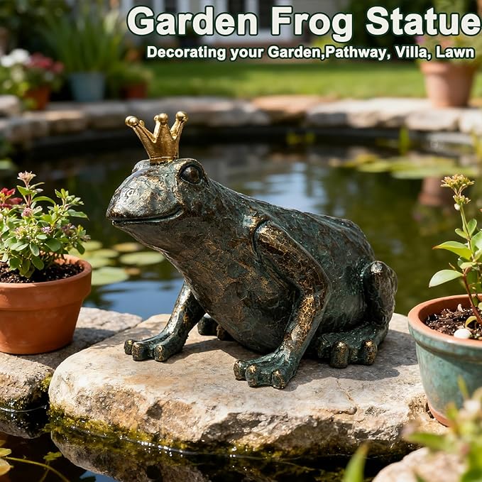 Frog Garden Statue,11.5" L×8" H Animal Figurines Garden Decor, Weather-Resistant Outdoor & Indoor Sculptures & Statues for Home,Patio,Yard and Entryway-Crouching Frog Prince