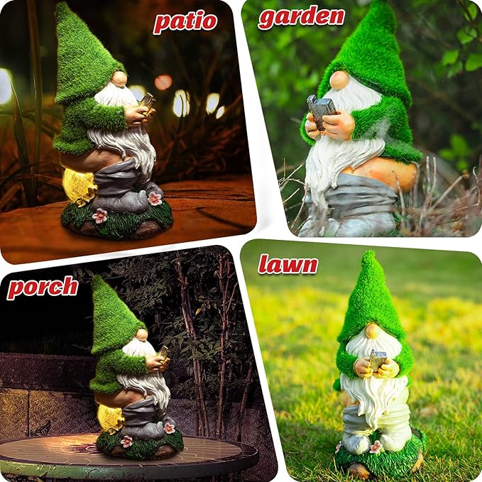 Garden Gnome Statues - Resin Gnome Figurine Sitting on Solar Crackle Glass Globe Lights, Funny Garden Ornament for Patio Yard Lawn Porch Outdoor Decor