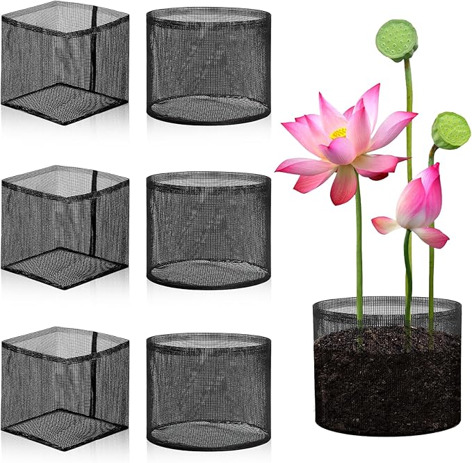 6 Pcs Aquatic Planting Bags, 3 Round and 3 Square 7.1" Reusable Mesh Water Gardens Plant Pots, Aquatic Plants Growing Container with Handles, Breathable Lily Pots for Bog and Terrestrial Plants