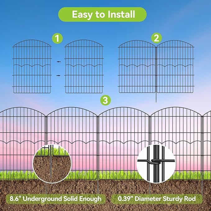 Decorative Garden Fence 6 Panels 14.8 ft (L)×38in (H) Metal Garden Fences, No Dig Animal Barrier Fencing Rustproof Wire Temporary Dog Fence Outdoor for Patio Backyard Lawn - Without Door
