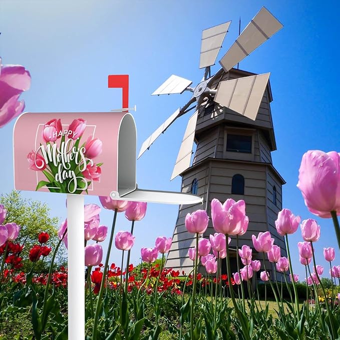 Mothers Day Mailbox Cover, Pink Tulip Outdoor Mail Cover Letter Post Box, Standard Size 21 x 18 in Flower Magnetic Mailbox Case for Home Garden Yard Decor