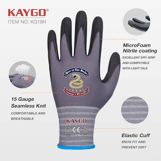 KAYGO Safety Work Gloves MicroFoam Nitrile Coated, 3 Pairs KG18NB,Seamless Knit Nylon Glove for Men and Women, Ideal for Automotive,Warehouse,Construction (Small,Gray)