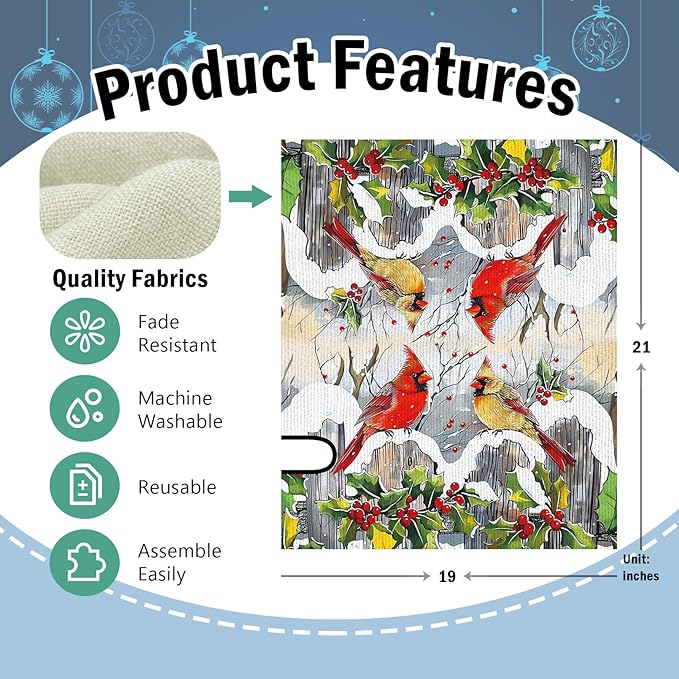 Winter Cardinal Mailbox Cover Magnetic Standard Size 20.5" x 18", Red Birds Holly Berries Snow Decorative Post Letter Box Wrap Decor, Christmas Seasonal Farmhouse Garden Yard Outdoor Decoration