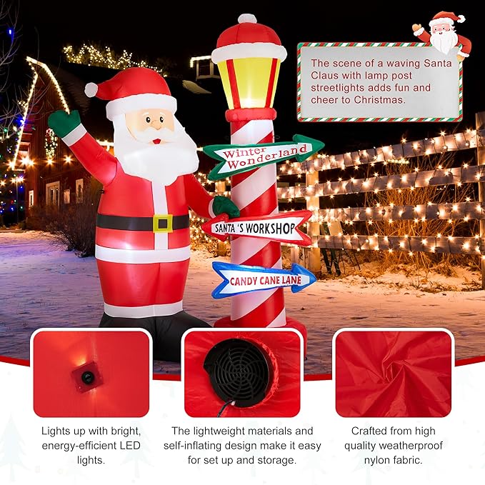 eUty 7ft Christmas Inflatable Outdoor Decoration Lighted Santa with Lamp Post Sign Decor Waterproof Christmas Blow Up Yard Decorations for Xmas Holiday Party Yard Garden Lawn Decor