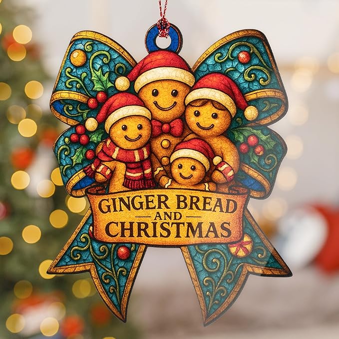 Gingerbread Family Ornament – Christmas Decoration | Holiday Cookie Ornaments - Gingerbread Man Decor - Xmas 2025 Ornament – Suncatcher Stained Glass Effect - Car Hanging Mirror