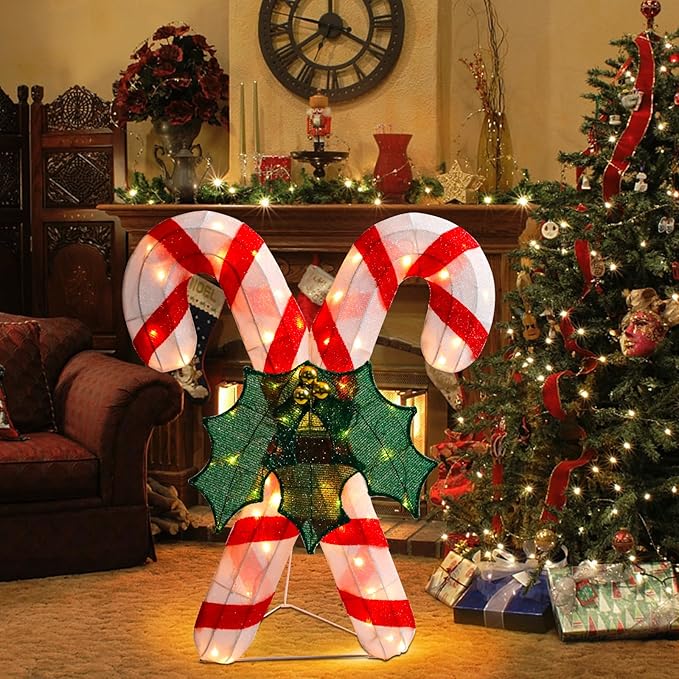 Lighted Christmas Candy Cane Decoration Outdoor Pre-lit 3D Crossed Candy Cane Glittered with LEDs Lighted Up Standing Ornament Outdoor Indoor Christmas Decoration for Home Lawn Yard Garden Display