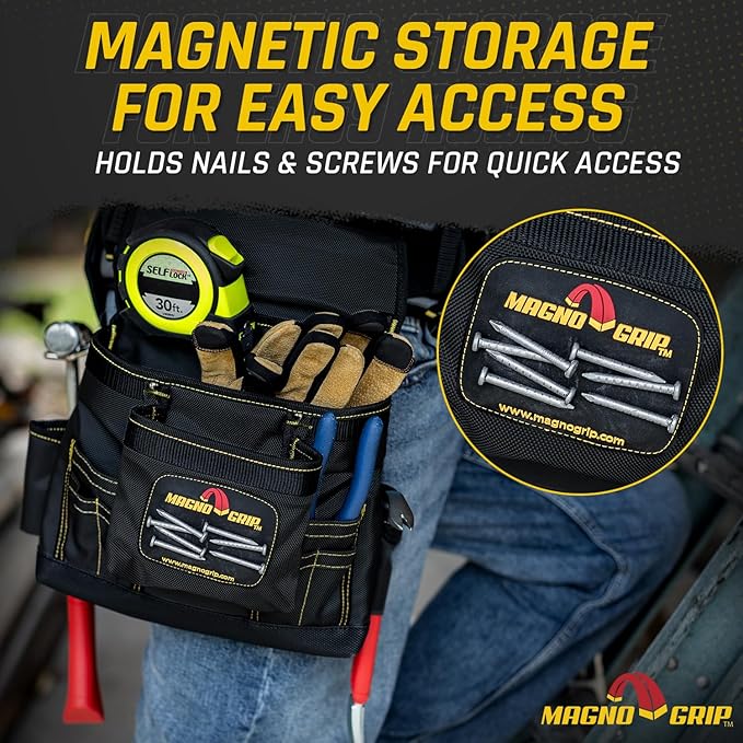 MagnoGrip 20-Pocket Builder’s Tool Rig with Magnetic Storage—Heavy-Duty 1680D Polyester Tool Belt with Padded Suspenders, Rivet Reinforced Stress Points, and Smartphone Holder, Fits Up to 52” Waist.