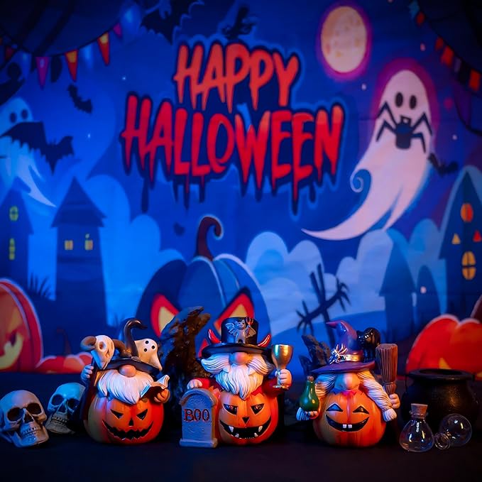 3PCS Halloween Gnomes Figurines Decor Pumpkin Themed Handmade Resin Gnome Halloween Decor Vampire Wizard Witch Gnomes Gifts for Women Home Decor Statue for Tier Tray (Pumpkin)