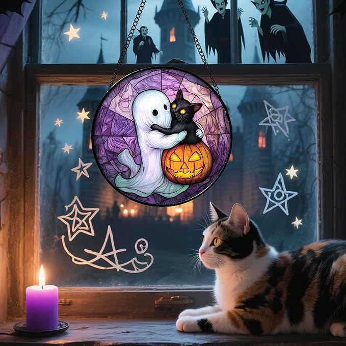 Stained Glass Window Hanging - Halloween Decorations Ghost Black Cat Pumpkin Suncatcher for Door Garden Spooky Purple Sun Catchers Gothic Decor Horror Gifts for Women Men Friend Boy 11.8 in