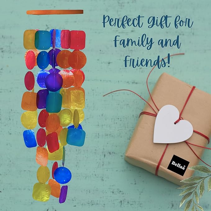 Bellaa Wind Chimes Outdoor, Garden Decorations, Musical, Indoor/Outside Windchimes, Beach, Ocean, Breeze, Gifts for Mom, Gift for All Occasions, Capiz Sea Glass Shells Wood 1 Rainbow