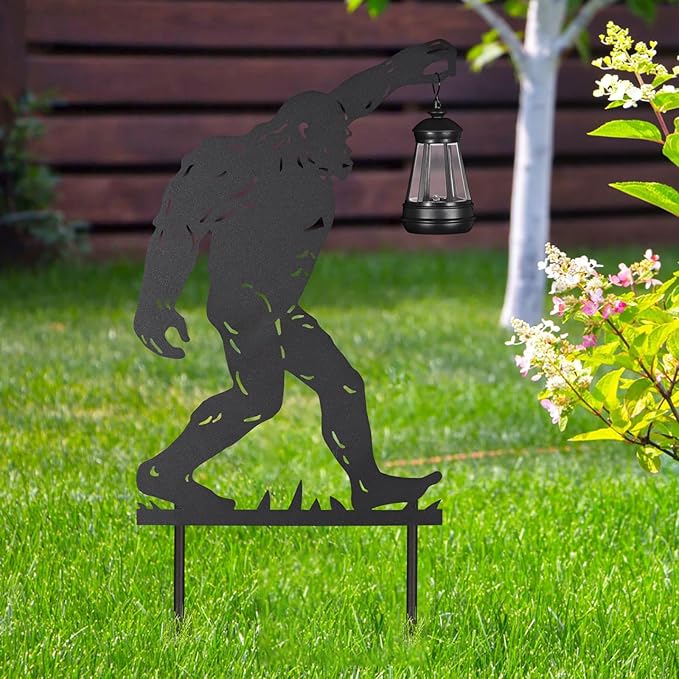 2Pack Solar Outdoor Garden Lights Stakes Solar Metal Bigfoot Lawn Deco Statue Black Bigfoot Patio Garden Decorative Stakes with Lantern Christmas Birthday Gifts for Women Mom and Grandma
