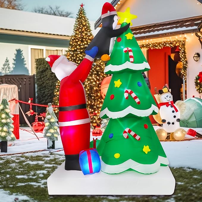 9FT Christmas Inflatables Tree Outdoor Decoration, Santa Claus & Penguin Lighted Party Decoration, Blow Up Decor with Built-in LED Lights Suitable for Lawn/Yard/Garden/Porch