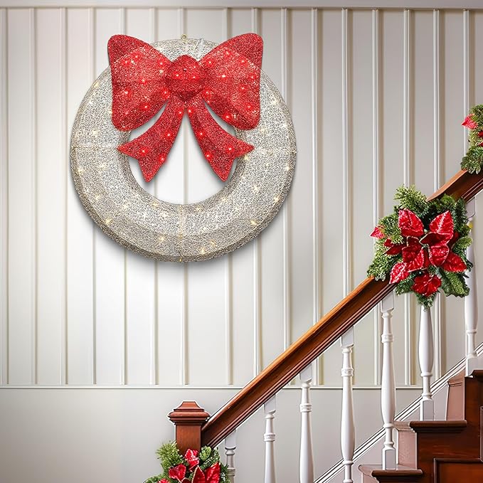 Lamerge 1PC Pre-Lit Outdoor Christmas Wreath Decorations, 36'' Bow Holiday Decor Wreath, Christmas Wreath with 90 Lights, Lights Outdoor/Indoor Decorations for Front Door, Wall, Window, White