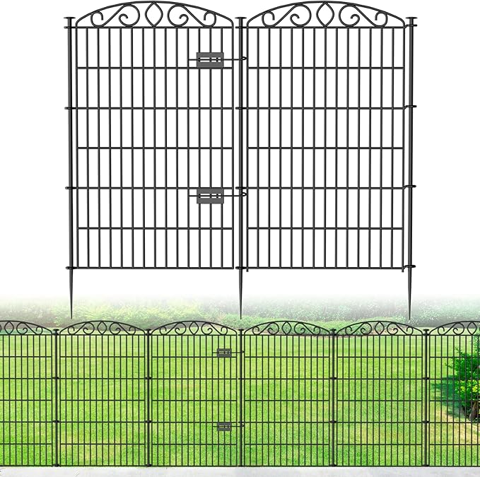 Decorative Garden Fence 6 Panel with Gate - 42in H x 12.78ft L, No Dig Rustproof Metal Tall Animal Barrier for Dogs Rabbits, Outdoor Border for Yard, Patio, and Flower Beds