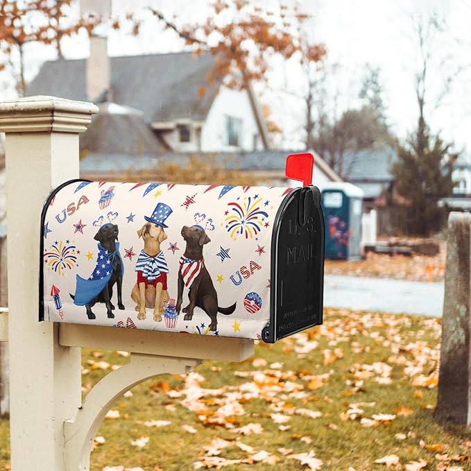 25.5"x21" Patriotic Dogs Mailbox Cover Magnetic 4th of July Puppy Waterproof Mailbox Wrap Independence Day USA Stars Letter Post Cover Large Size for Garden Yard Outdoor Decor