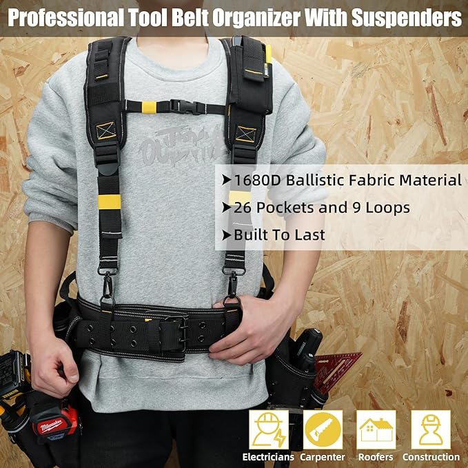 MELOTOUGH Carpenters Tool Belt with Suspenders Professional Tool Belt Combo Organizer With Tool Pouch Suspenders with 32 Pockets and Loops fits 33"-47"Waist for Electrican/Contractor/Technican(Yellow)