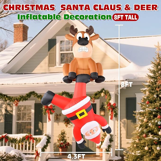 Christmas Inflatable Roof Outdoor Decorations, 8FT Inflatables Reindeer & Climbing Santa, LED Lights Blow up Holiday Hanging Decor for Window Indoor Rooftop Outside Balcony Garden Restaurant Café