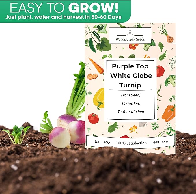Woods Creek Seeds: Purple Top White Globe Turnip Seeds for Planting - Heirloom Root Vegetable Variety - Fast Growing Turnips with Edible Greens - Non-GMO Garden Seeds for Fall or Spring